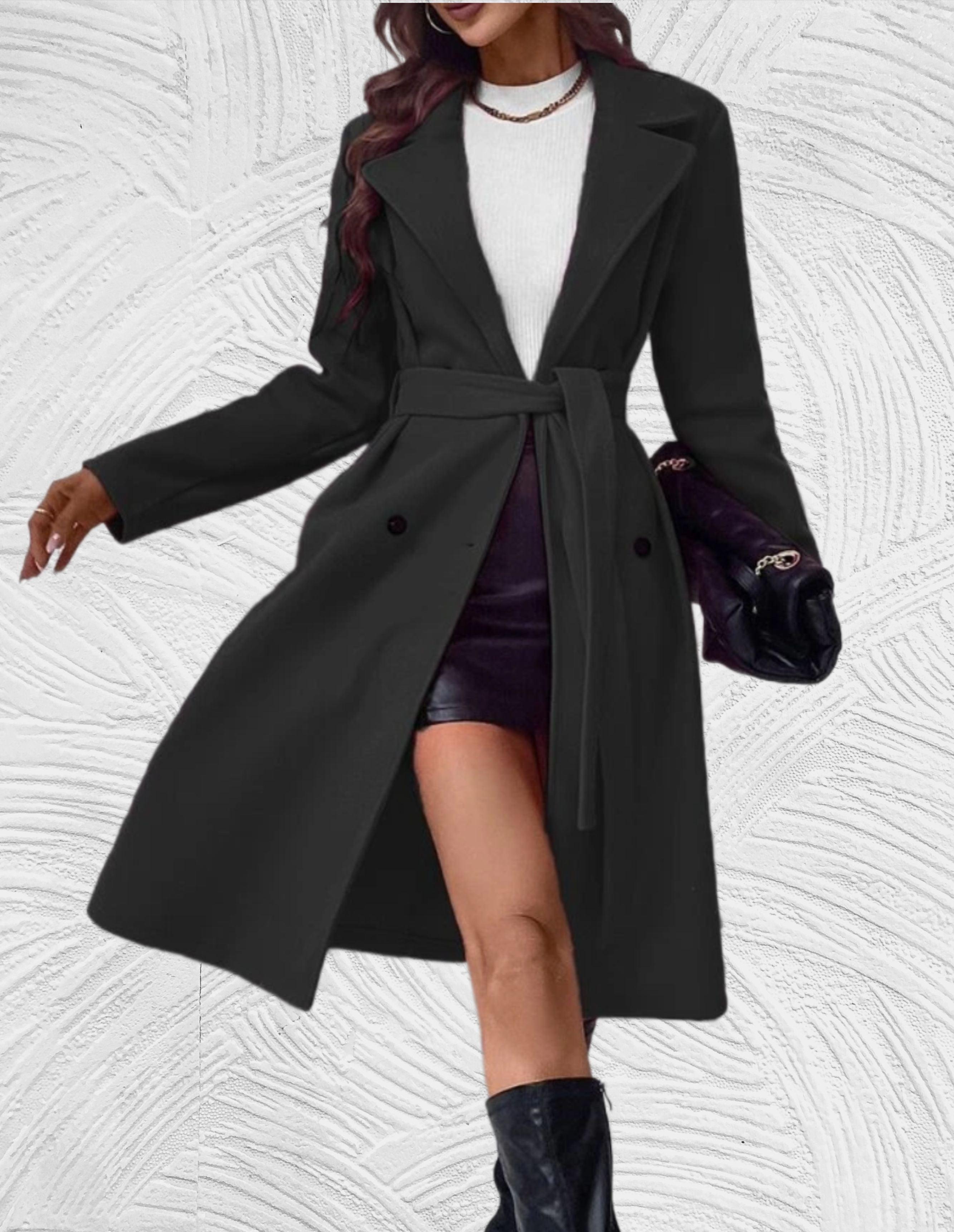 Julie - Long and oversized coat with button closure, chest pockets and tie belt