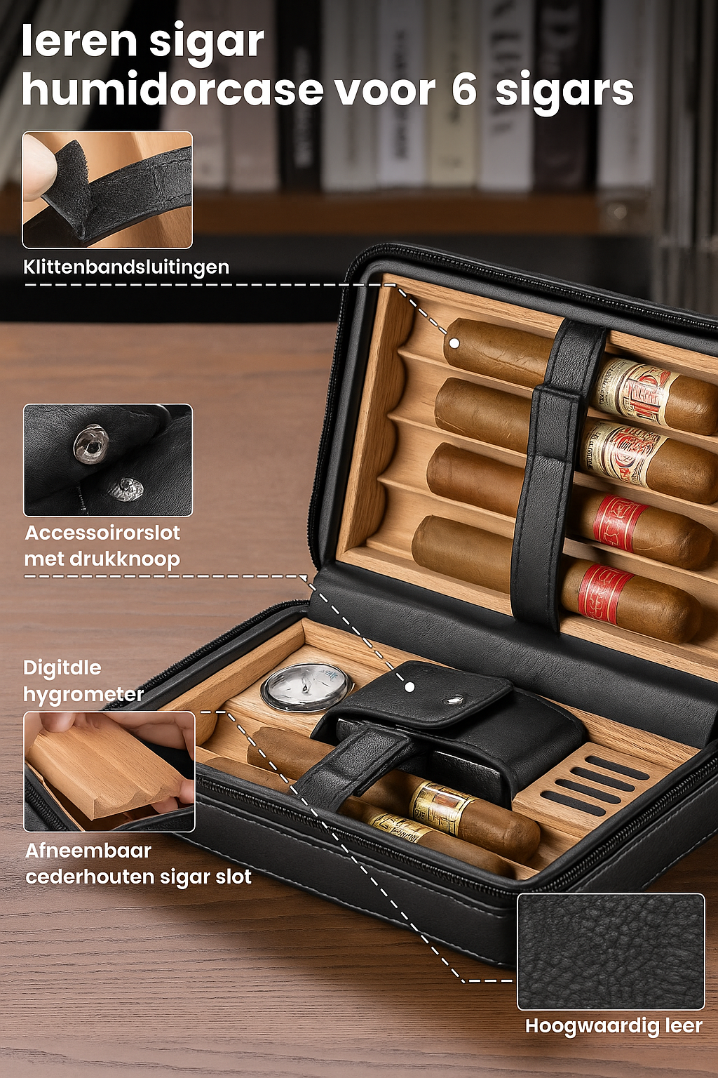 6-delige sigaren humidor set van leer | Sigarenaccessoire | Luxe reisetui met hygrometer en bevochtiger voor sigarenliefhebbers