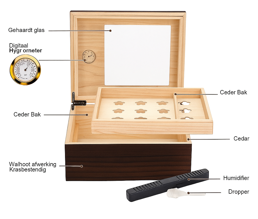 Sigarenkist van cederhout met glazen deksel | Sigarenaccessoire | Elegante humidor met hygrometer, bevochtiger en sigarenknipper