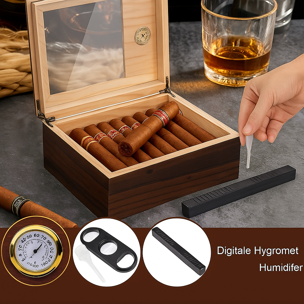 Sigarenkist van cederhout met glazen deksel | Sigarenaccessoire | Elegante humidor met hygrometer, bevochtiger en sigarenknipper