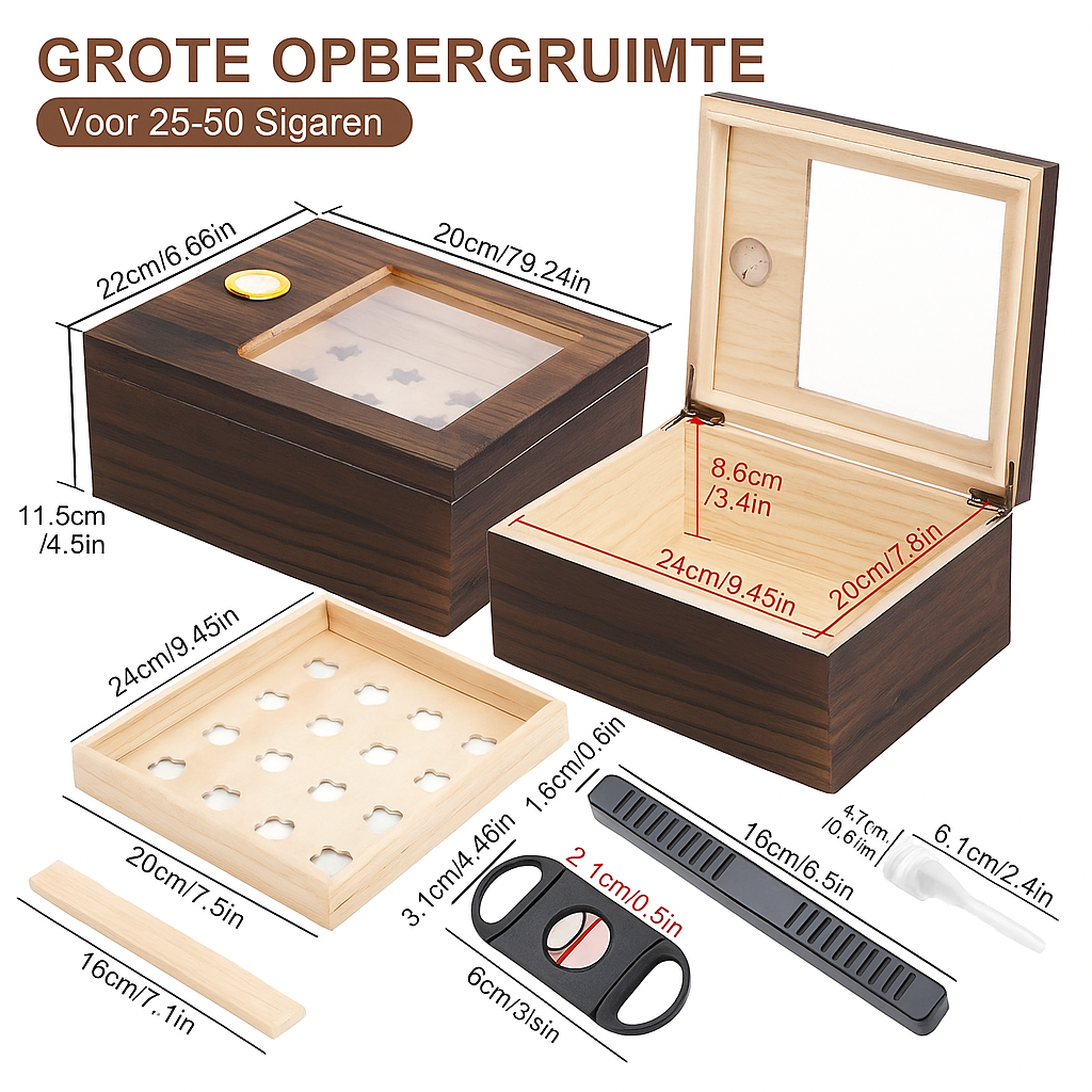 Sigarenkist van cederhout met glazen deksel | Sigarenaccessoire | Elegante humidor met hygrometer, bevochtiger en sigarenknipper