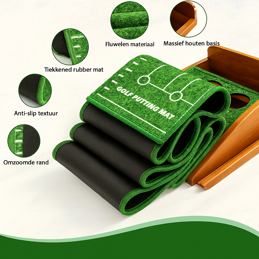 SIYA – Golf Putting Mat met Auto Ball Return | Puttingmat met Houten Basis | Luxe Oefenmat voor Binnen en Buiten