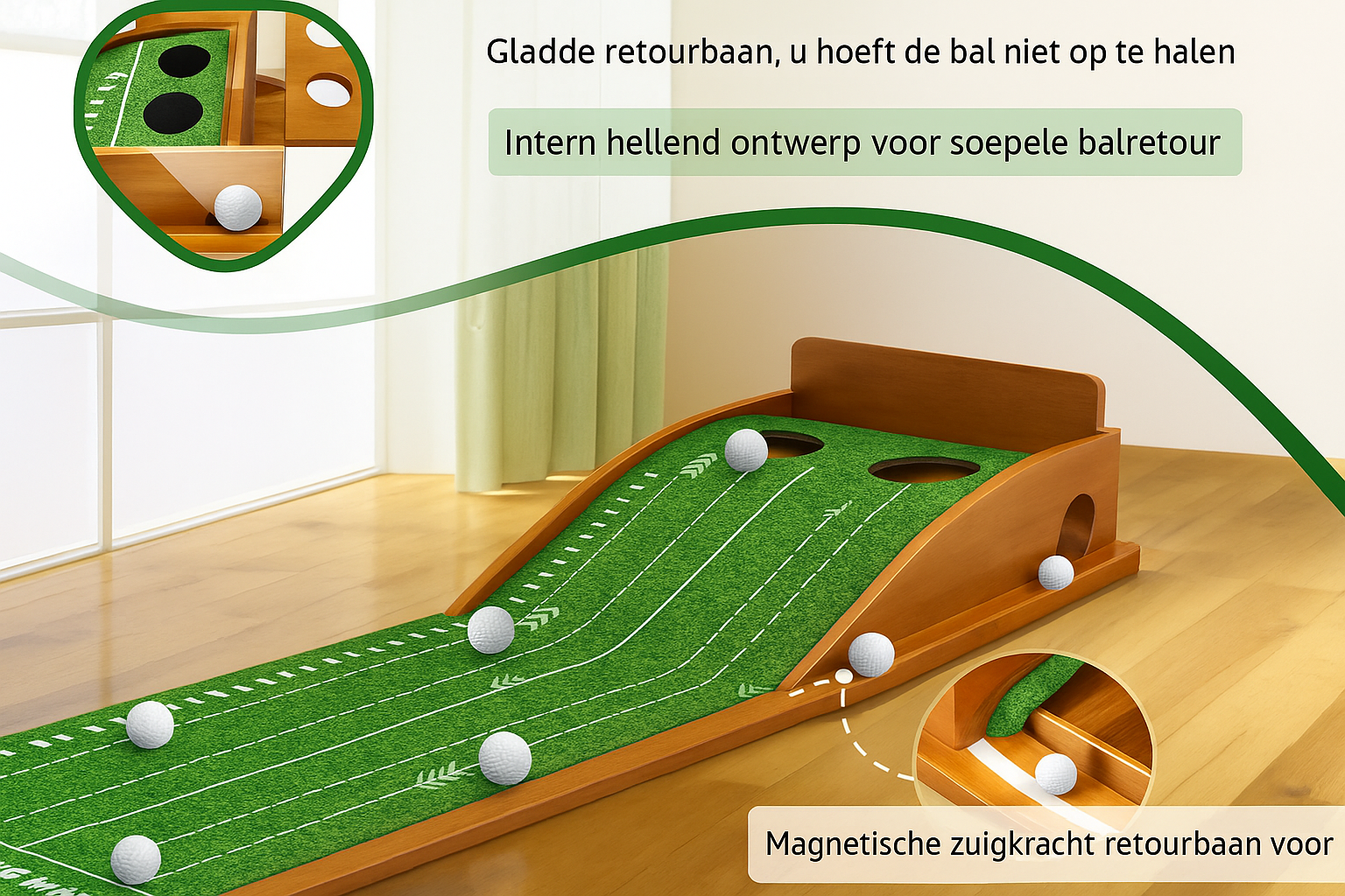 SIYA – Golf Putting Mat met Auto Ball Return | Puttingmat met Houten Basis | Luxe Oefenmat voor Binnen en Buiten