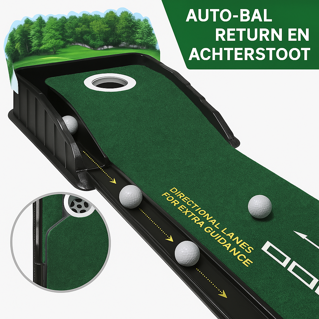 HUAEN – Golf Accelerator Pro Putting Mat | Puttingmat met Terugslagfunctie | Polyester Mat met Lengtegidsen 213 cm