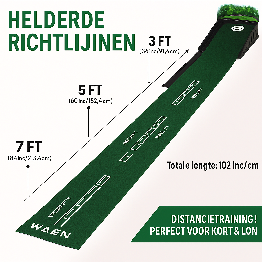 HUAEN – Golf Accelerator Pro Putting Mat | Puttingmat met Terugslagfunctie | Polyester Mat met Lengtegidsen 213 cm