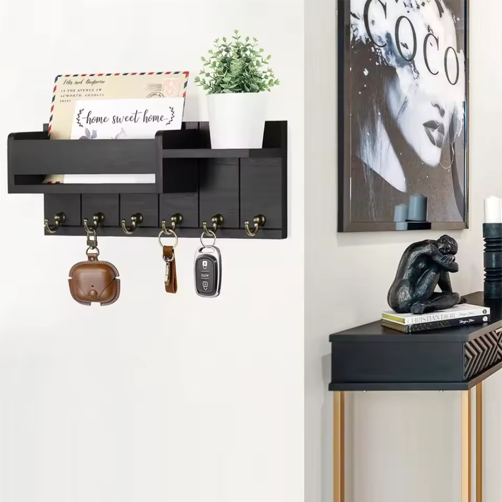 Decoratieve Muurbeugel met Plank en Sleutelhaken – Multifunctionele Wandorganizer van Massief Hout voor Hal en Keuken