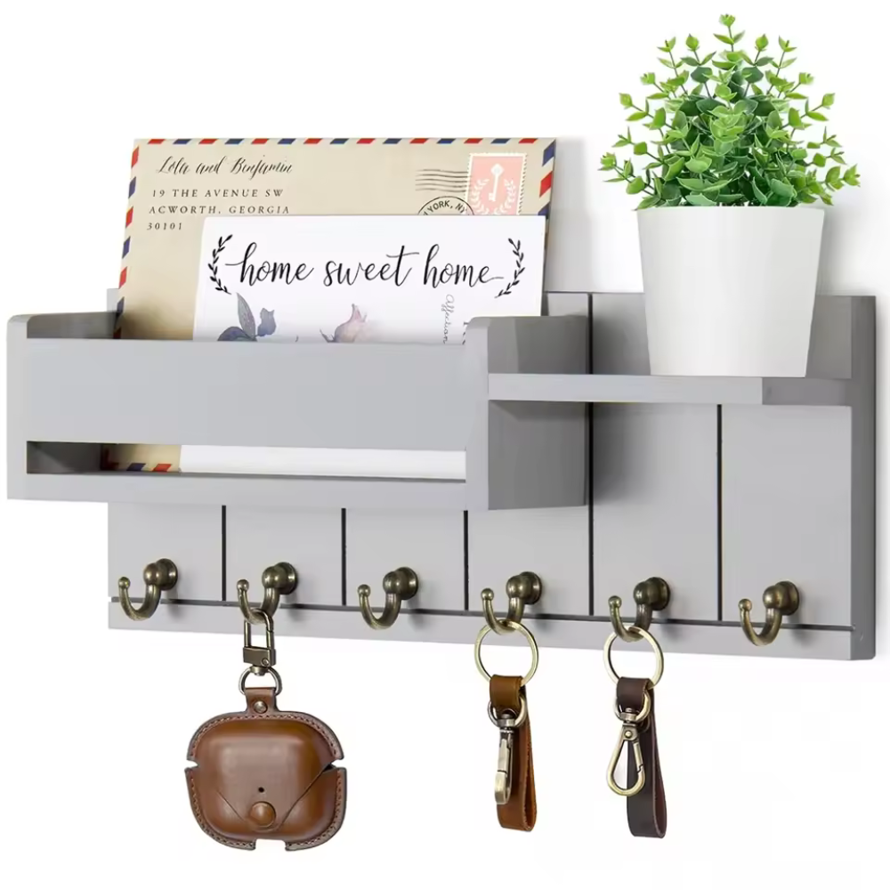Decoratieve Muurbeugel met Plank en Sleutelhaken – Multifunctionele Wandorganizer van Massief Hout voor Hal en Keuken