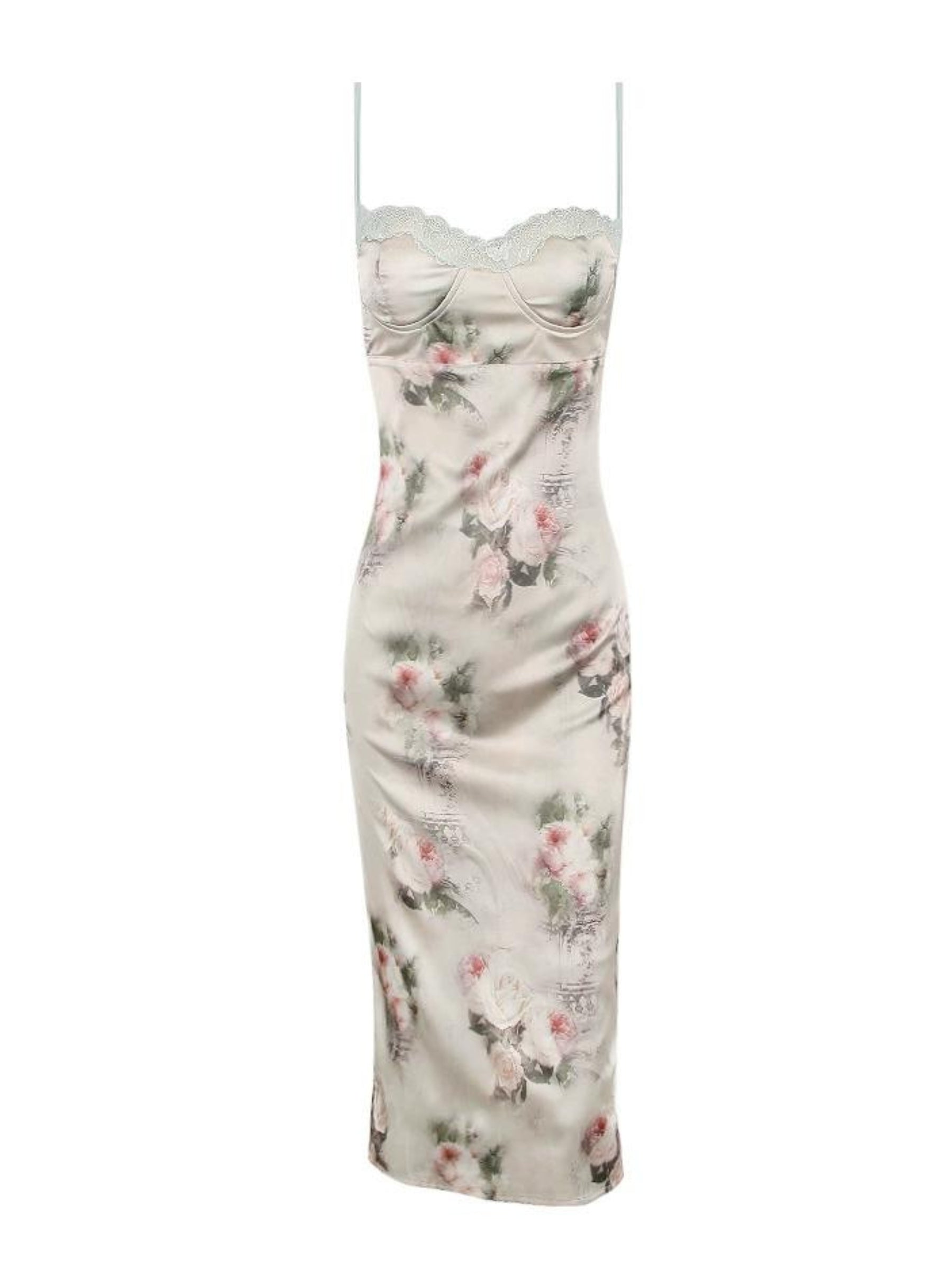 Satin Midi Dress met Floral Print en Hart Decolleté