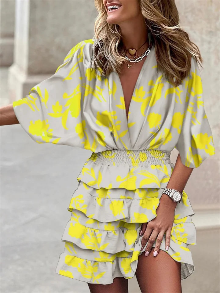 Dames Jurk – V-Hals – Bloemenprint – Ruches – Batwing Mouw – Elastische Taille