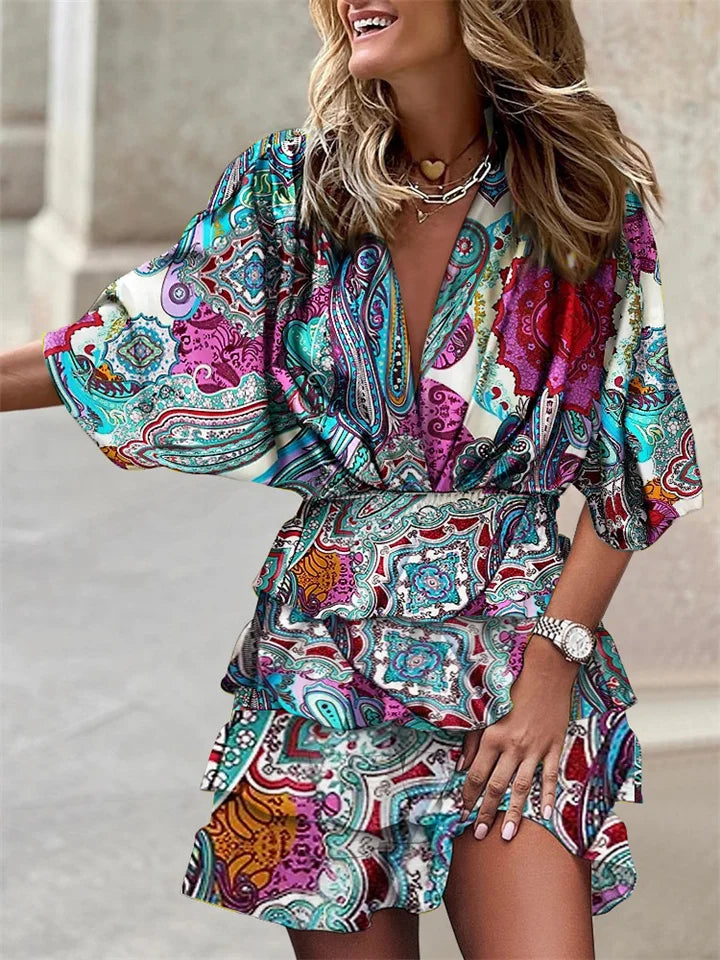 Dames Jurk – V-Hals – Bloemenprint – Ruches – Batwing Mouw – Elastische Taille