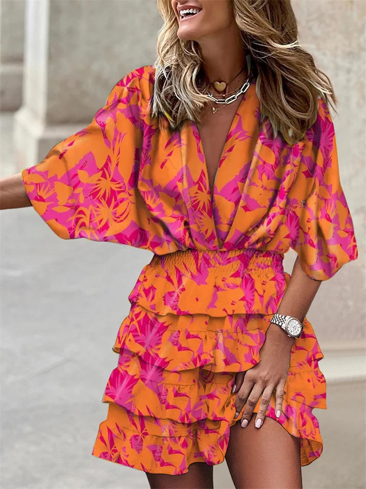 Dames Jurk – V-Hals – Bloemenprint – Ruches – Batwing Mouw – Elastische Taille