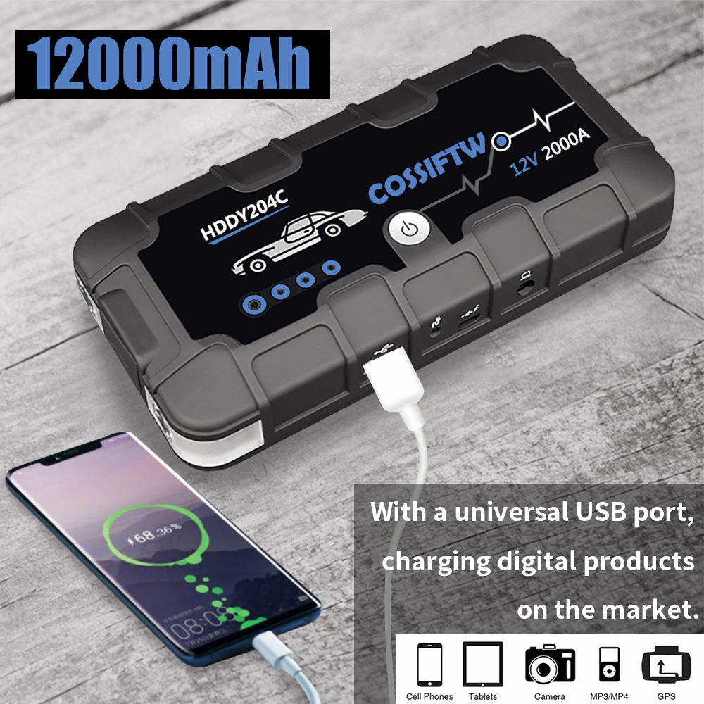 2000A UltraSafe Auto 12V Jump Starter Accupack, Batterij Booster, Jump Box, Draagbare Lader en Startkabels voor 6.0L Benzine en 3.0L Diesel Motoren