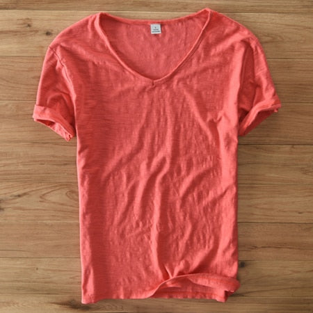 Heren V-Hals Shirt – Linnen Katoen T-Shirt met Ademende Slim Fit Pasvorm
