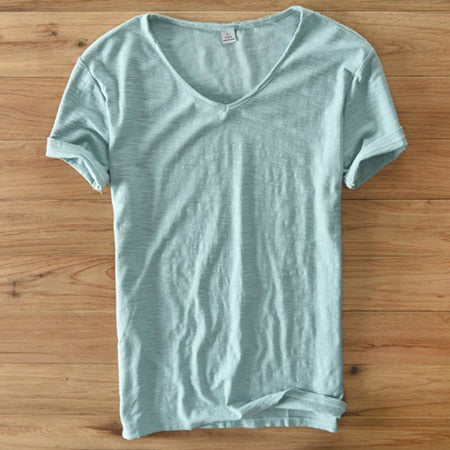 Heren V-Hals Shirt – Linnen Katoen T-Shirt met Ademende Slim Fit Pasvorm