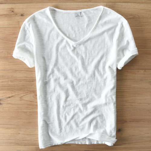 Heren V-Hals Shirt – Linnen Katoen T-Shirt met Ademende Slim Fit Pasvorm