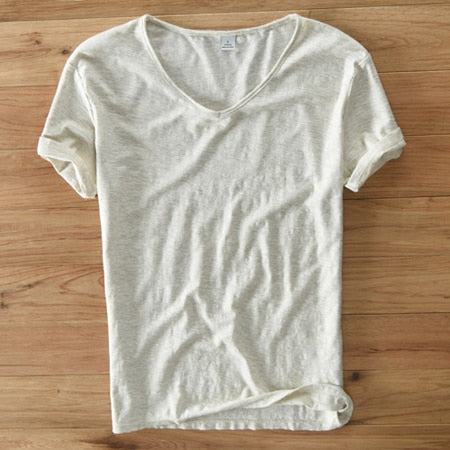 Heren V-Hals Shirt – Linnen Katoen T-Shirt met Ademende Slim Fit Pasvorm