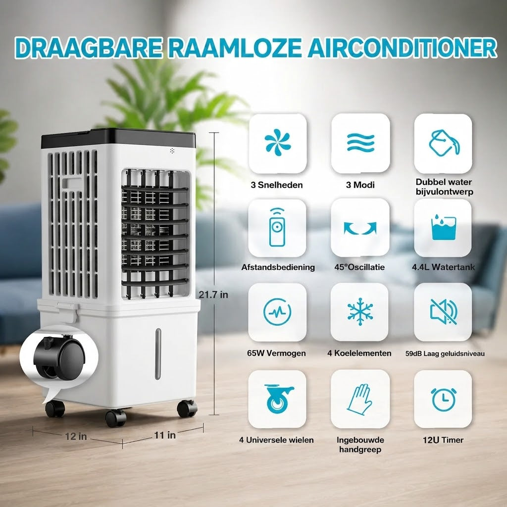Mobiele Aircooler – 15L watertank met koelelementen en 3 snelheden