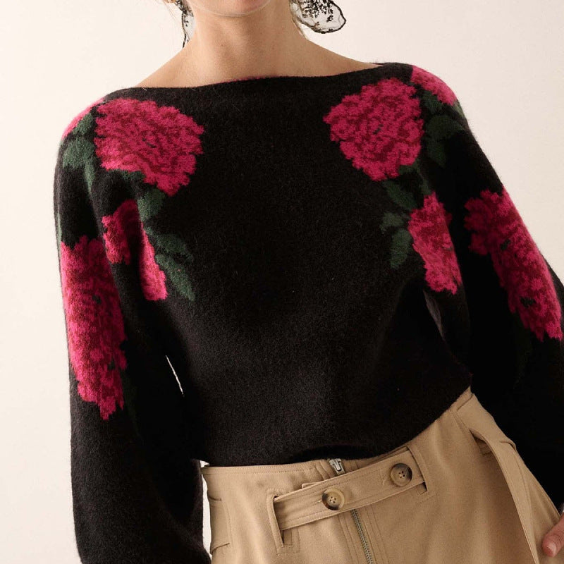 Trui met Ronde Hals en Lange Mouwen van Wol en Mohair met Bloemenpatroon