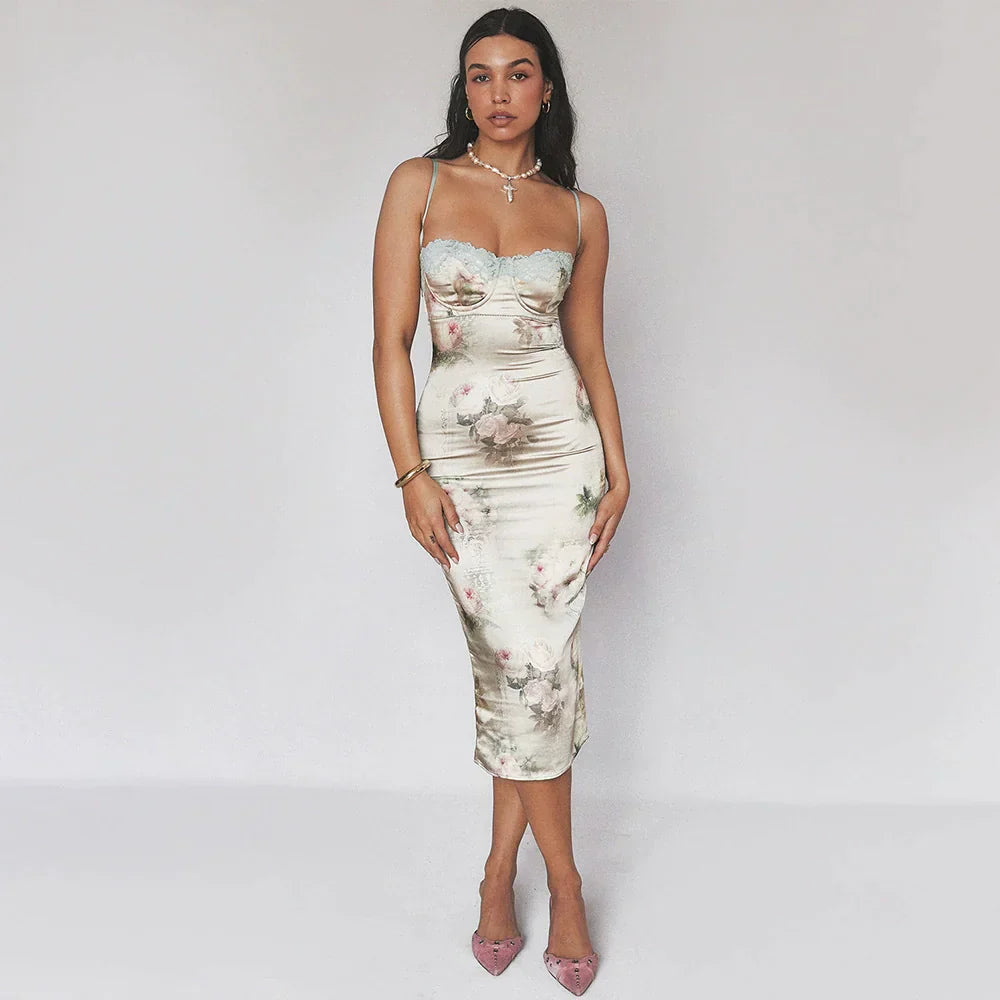 Satin Midi Dress met Floral Print en Hart Decolleté