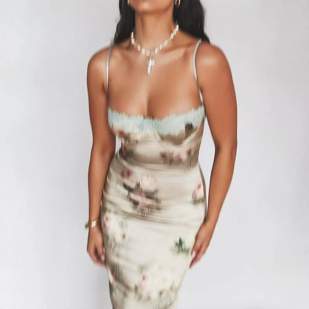 Satin Midi Dress met Floral Print en Hart Decolleté