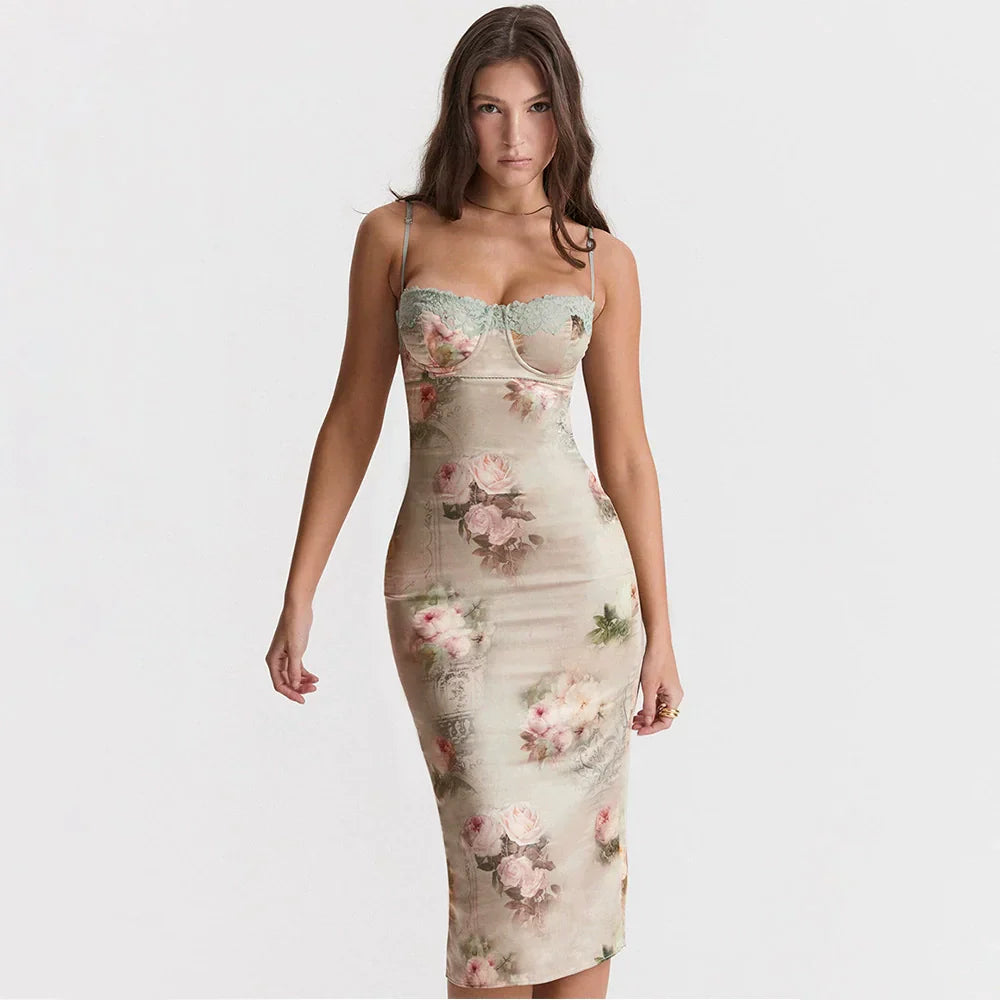 Satin Midi Dress met Floral Print en Hart Decolleté