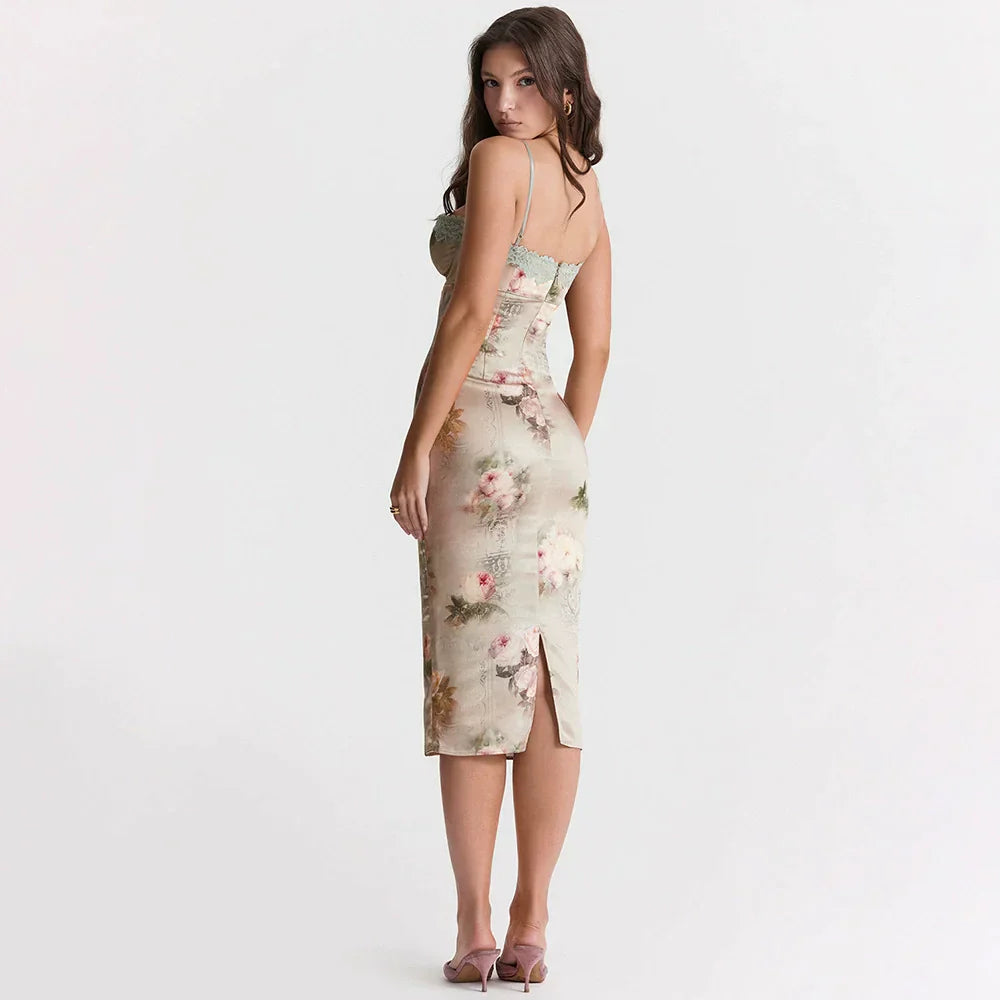 Satin Midi Dress met Floral Print en Hart Decolleté