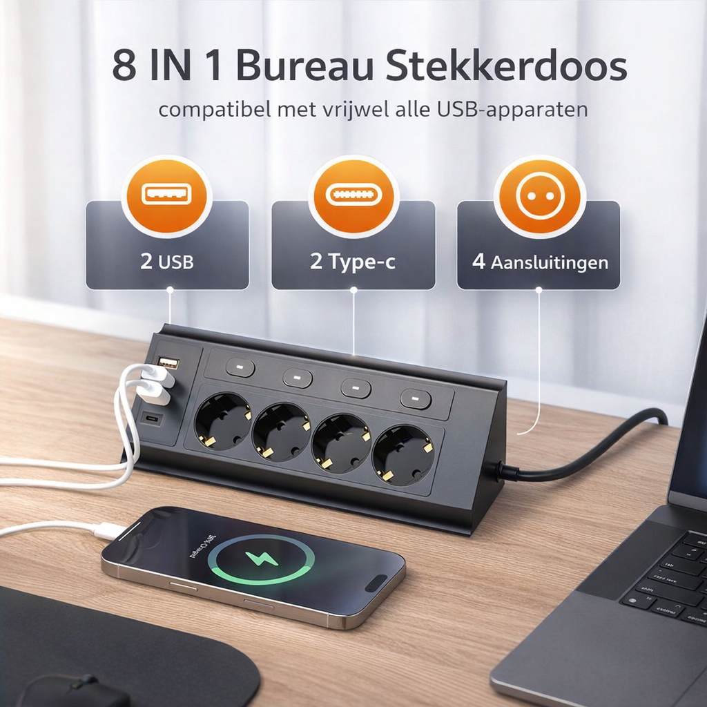 Stekkerdoos 8-in-1 | USB & Type-C | verlengsnoer stopcontact