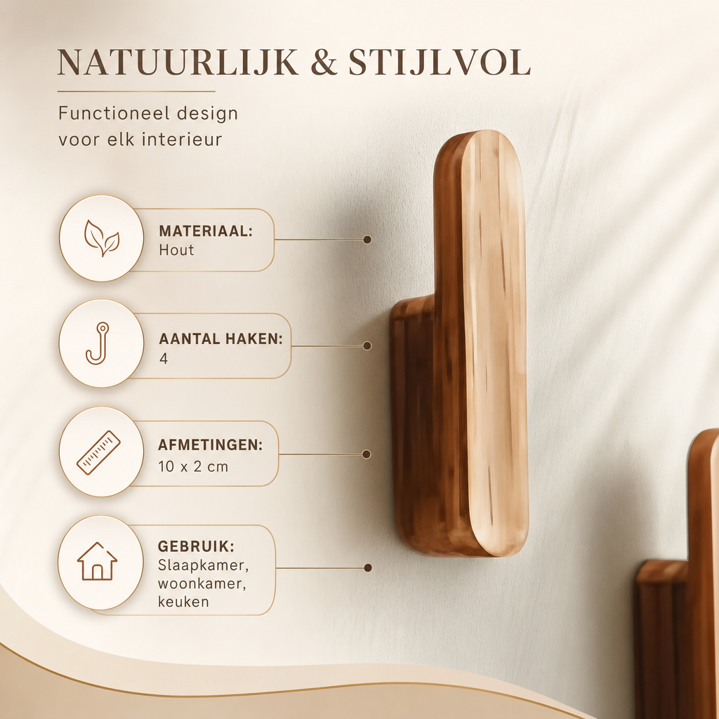 Wallora | Houten Hakenleiste 4 Delig voor Wandorganisatie | houten kapstok hakenleiste wandhaken set