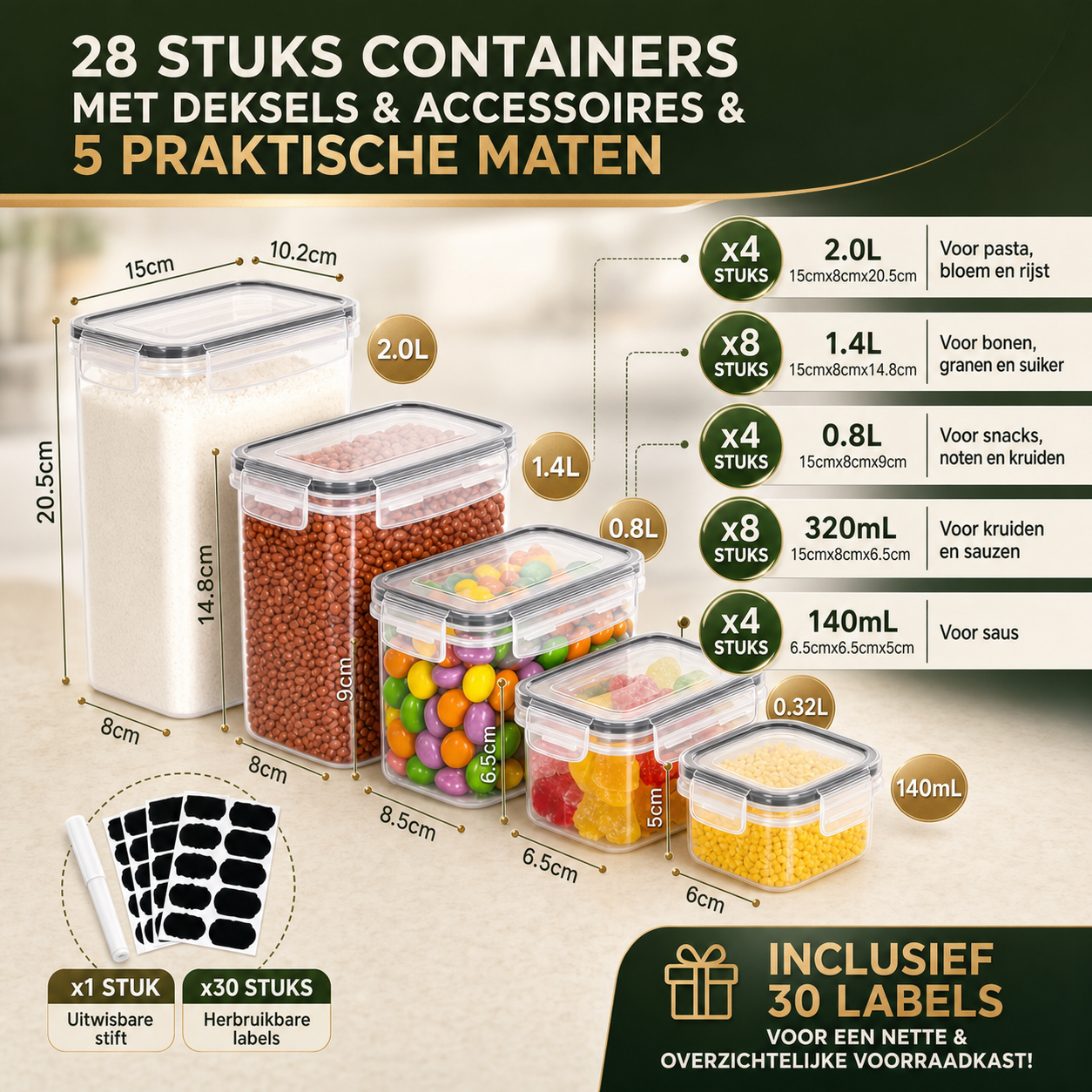PantryPro | Voedselbewaarcontainers set | 28-Delige Voedselbewaarset Luchtdicht BPA-Vrij – Stapelbare Keukencontainers met Deksel voor Ontbijtgranen Bloem Suiker, Inclusief Etiketten