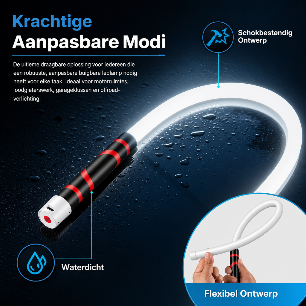 FlexBeam | Buigbare LED-werklamp | Buigbare LED Zaklamp 30 Inch – Flexibele Oplaadbare Werklamp met 3 Helderheidsniveaus, Handsfree Verlichting voor Klussen