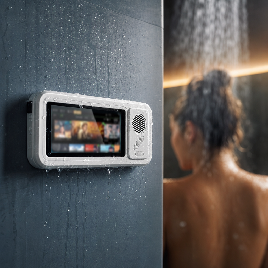 AquaSound | Douchetelefoonhouder met speaker | Douche Telefoonhouder met Bluetooth Speaker – Waterdichte 360° Muurhouder Anti-Fog voor Telefoons 4-6.9 Inch, Badkamer Accessoire
