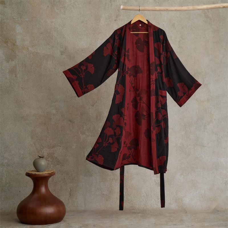 Hanaya Kimono Badjas van Katoen - Lichte Ochtendjas met Ginkgo Bladmotief, Omkeerbaar en Wijde Mouwen - Zachte Kimono voor Dames in 9 Kleuren