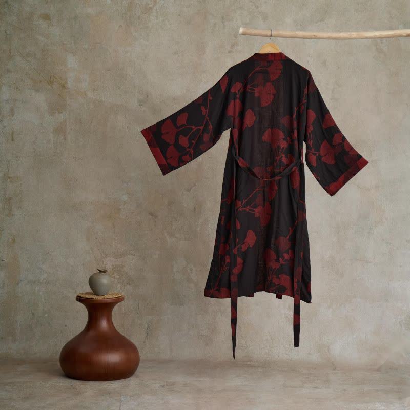 Hanaya Kimono Badjas van Katoen - Lichte Ochtendjas met Ginkgo Bladmotief, Omkeerbaar en Wijde Mouwen - Zachte Kimono voor Dames in 9 Kleuren