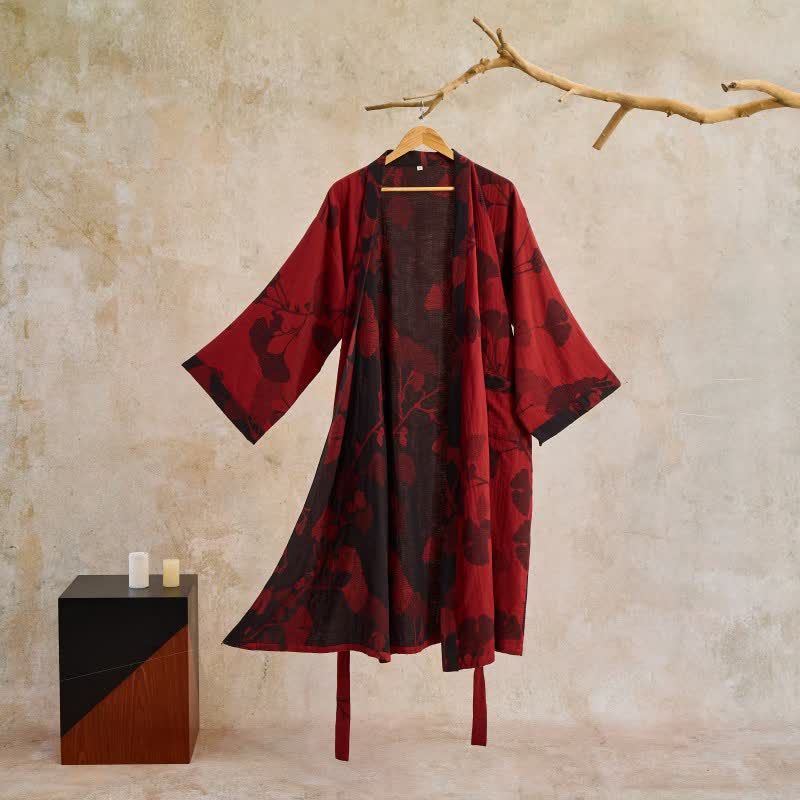 Hanaya Kimono Badjas van Katoen - Lichte Ochtendjas met Ginkgo Bladmotief, Omkeerbaar en Wijde Mouwen - Zachte Kimono voor Dames in 9 Kleuren