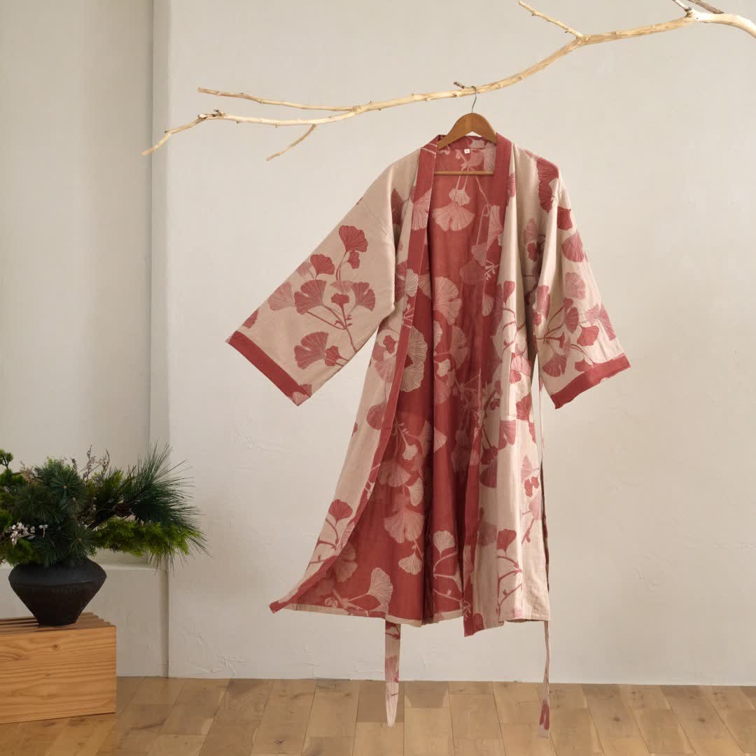 Hanaya Kimono Badjas van Katoen - Lichte Ochtendjas met Ginkgo Bladmotief, Omkeerbaar en Wijde Mouwen - Zachte Kimono voor Dames in 9 Kleuren