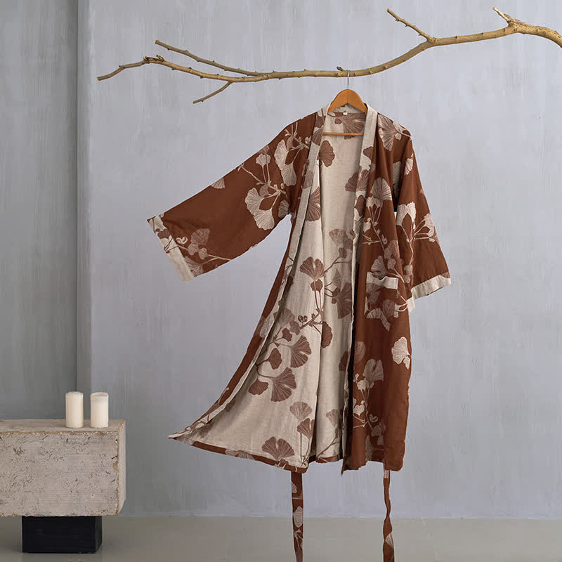 Hanaya Kimono Badjas van Katoen - Lichte Ochtendjas met Ginkgo Bladmotief, Omkeerbaar en Wijde Mouwen - Zachte Kimono voor Dames in 9 Kleuren