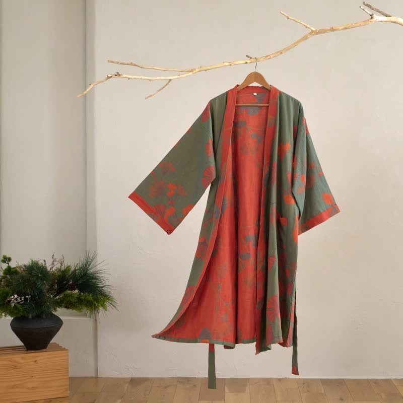 Hanaya Kimono Badjas van Katoen - Lichte Ochtendjas met Ginkgo Bladmotief, Omkeerbaar en Wijde Mouwen - Zachte Kimono voor Dames in 9 Kleuren