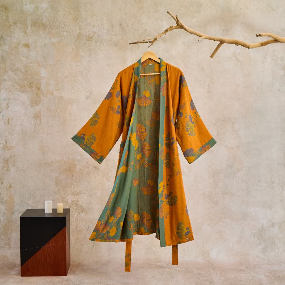 Hanaya Kimono Badjas van Katoen - Lichte Ochtendjas met Ginkgo Bladmotief, Omkeerbaar en Wijde Mouwen - Zachte Kimono voor Dames in 9 Kleuren