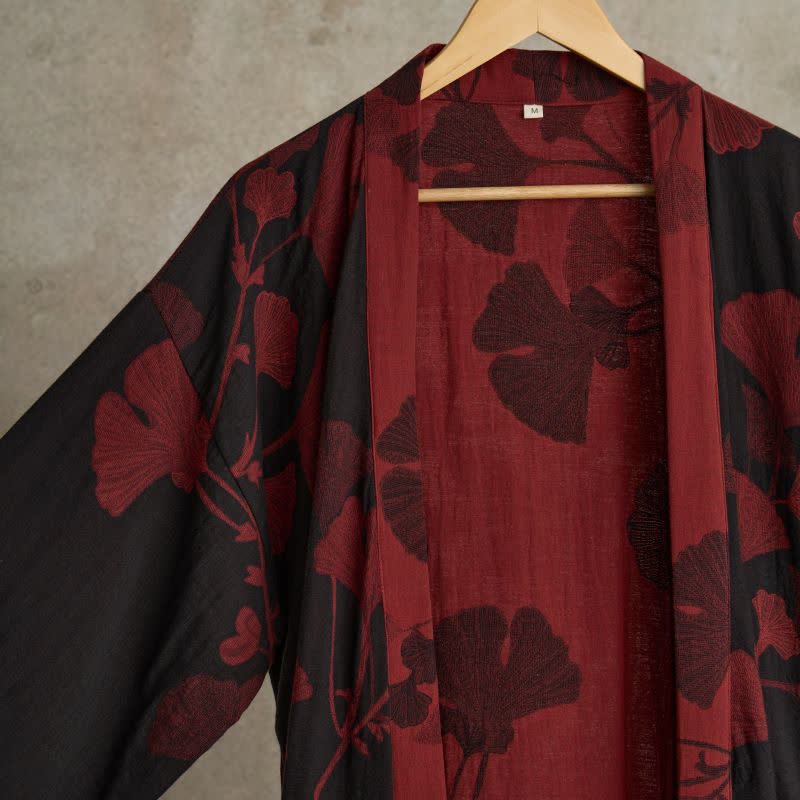 Hanaya Kimono Badjas van Katoen - Lichte Ochtendjas met Ginkgo Bladmotief, Omkeerbaar en Wijde Mouwen - Zachte Kimono voor Dames in 9 Kleuren