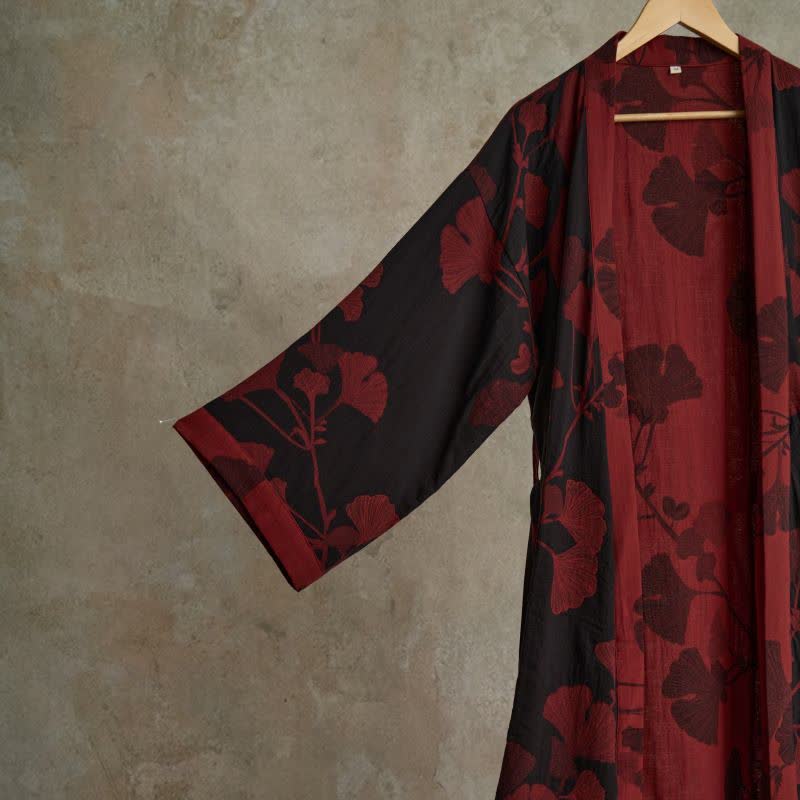 Hanaya Kimono Badjas van Katoen - Lichte Ochtendjas met Ginkgo Bladmotief, Omkeerbaar en Wijde Mouwen - Zachte Kimono voor Dames in 9 Kleuren