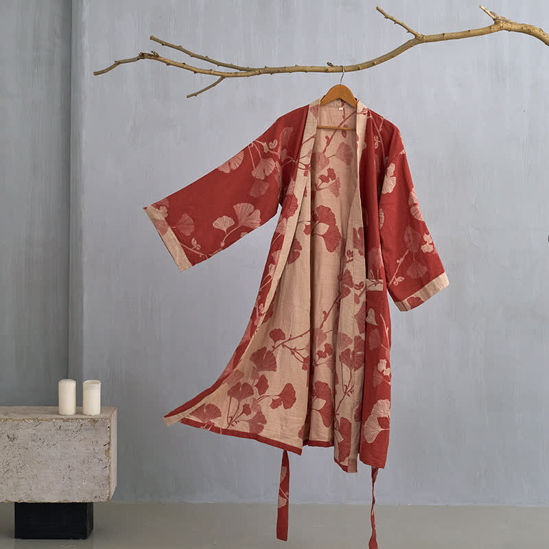 Hanaya Kimono Badjas van Katoen - Lichte Ochtendjas met Ginkgo Bladmotief, Omkeerbaar en Wijde Mouwen - Zachte Kimono voor Dames in 9 Kleuren