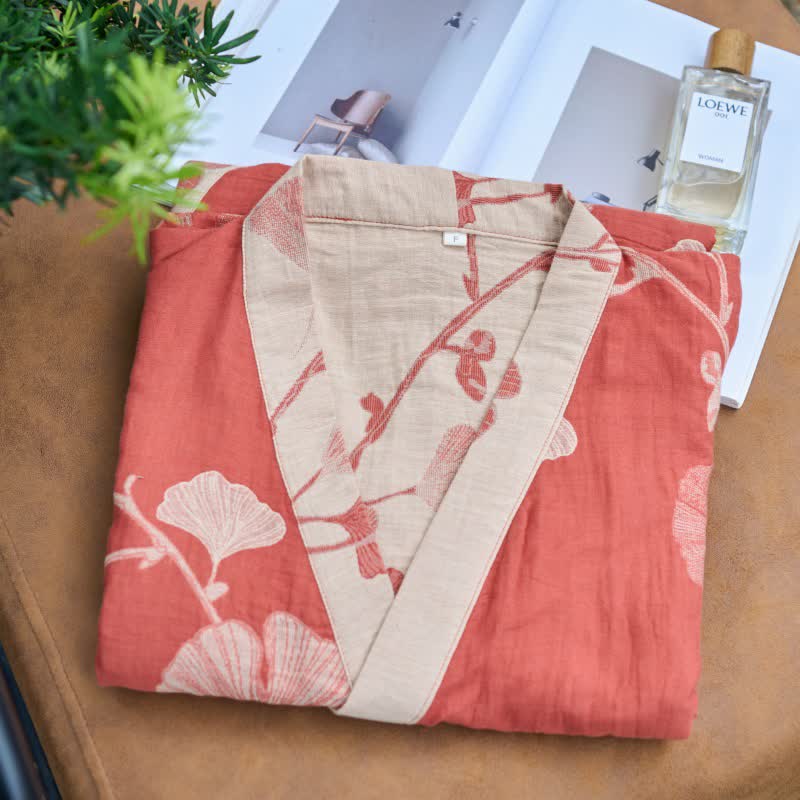 Hanaya Kimono Badjas van Katoen - Lichte Ochtendjas met Ginkgo Bladmotief, Omkeerbaar en Wijde Mouwen - Zachte Kimono voor Dames in 9 Kleuren