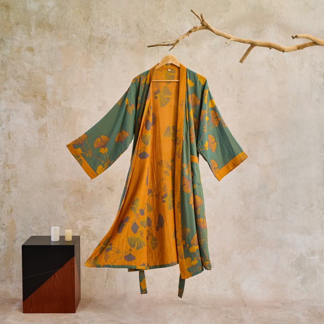 Hanaya Kimono Badjas van Katoen - Lichte Ochtendjas met Ginkgo Bladmotief, Omkeerbaar en Wijde Mouwen - Zachte Kimono voor Dames in 9 Kleuren