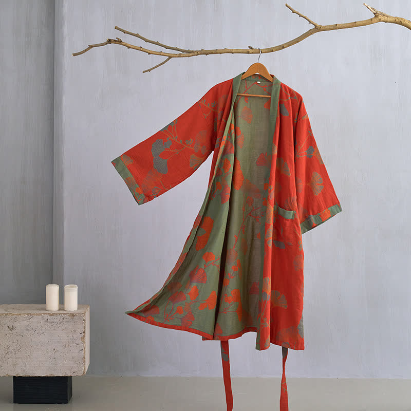 Hanaya Kimono Badjas van Katoen - Lichte Ochtendjas met Ginkgo Bladmotief, Omkeerbaar en Wijde Mouwen - Zachte Kimono voor Dames in 9 Kleuren
