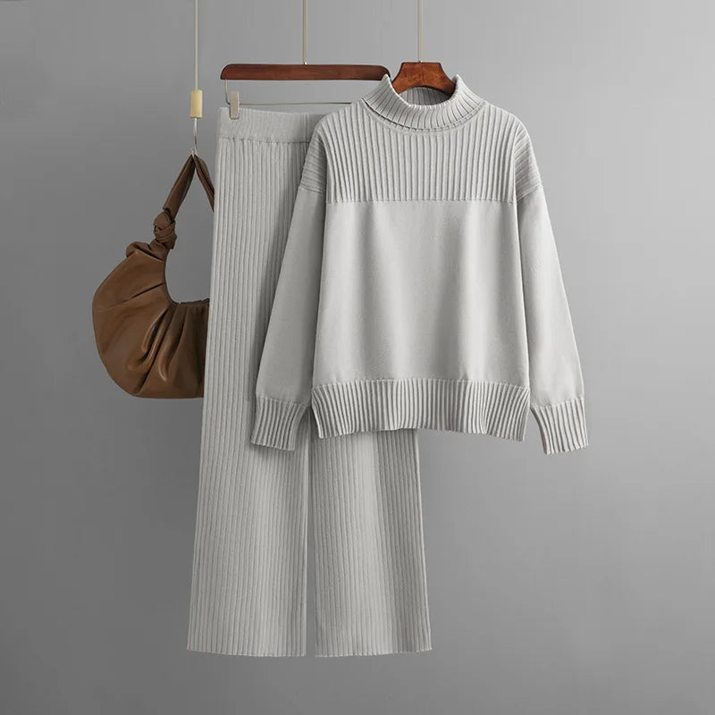 Casual gebreide hoge hals losse trui en broek tweedelig set