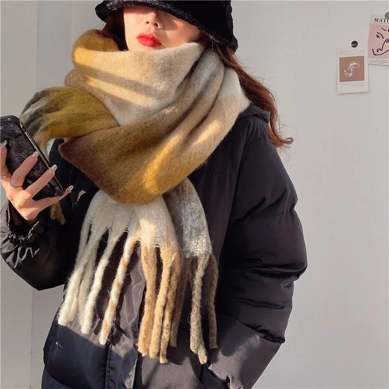 Maelle Grote Wintersjaal met Kleurverloop - Zachte Dik Geweven Sjaal met Franjes in Wolmix-Look - Warme Omslagdoek voor Dames in 7 Kleuren