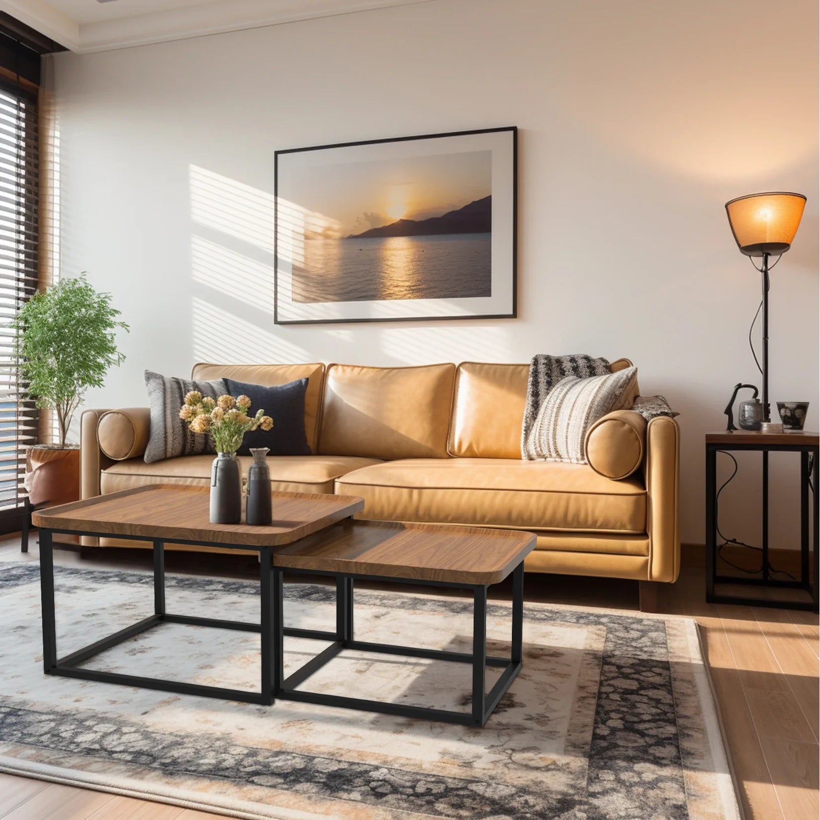 Set van 2 Vierkante Salontafels – Walnoot hout & Zwart, Modern Industrieel Design met Metalen Frame