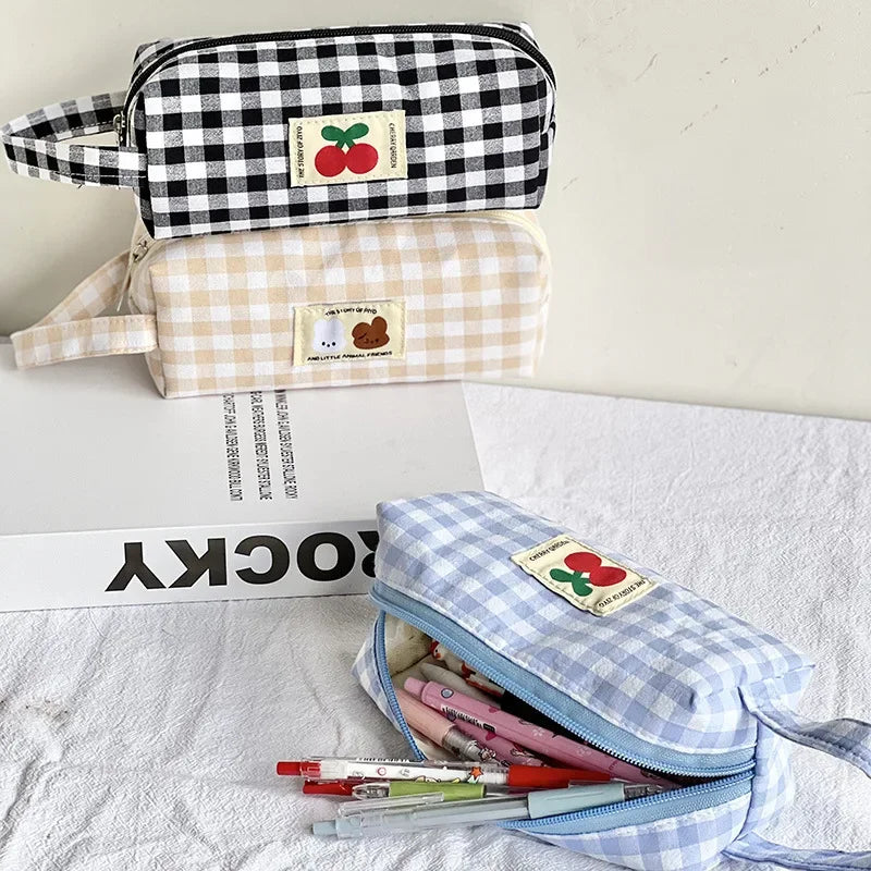 Kawaii geborduurde etui met kersenprint | Pennenzak | Japanse opbergcase voor schoolbenodigdheden