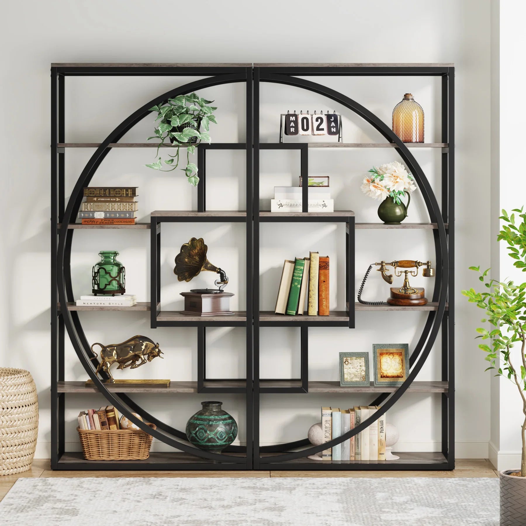 Oakford Industrieel Boekenrek 5-Laags 70.8 Inch Hoog | Boekenrek | Vintage Grijs Boekenkast met 8 Open Opslagvakken