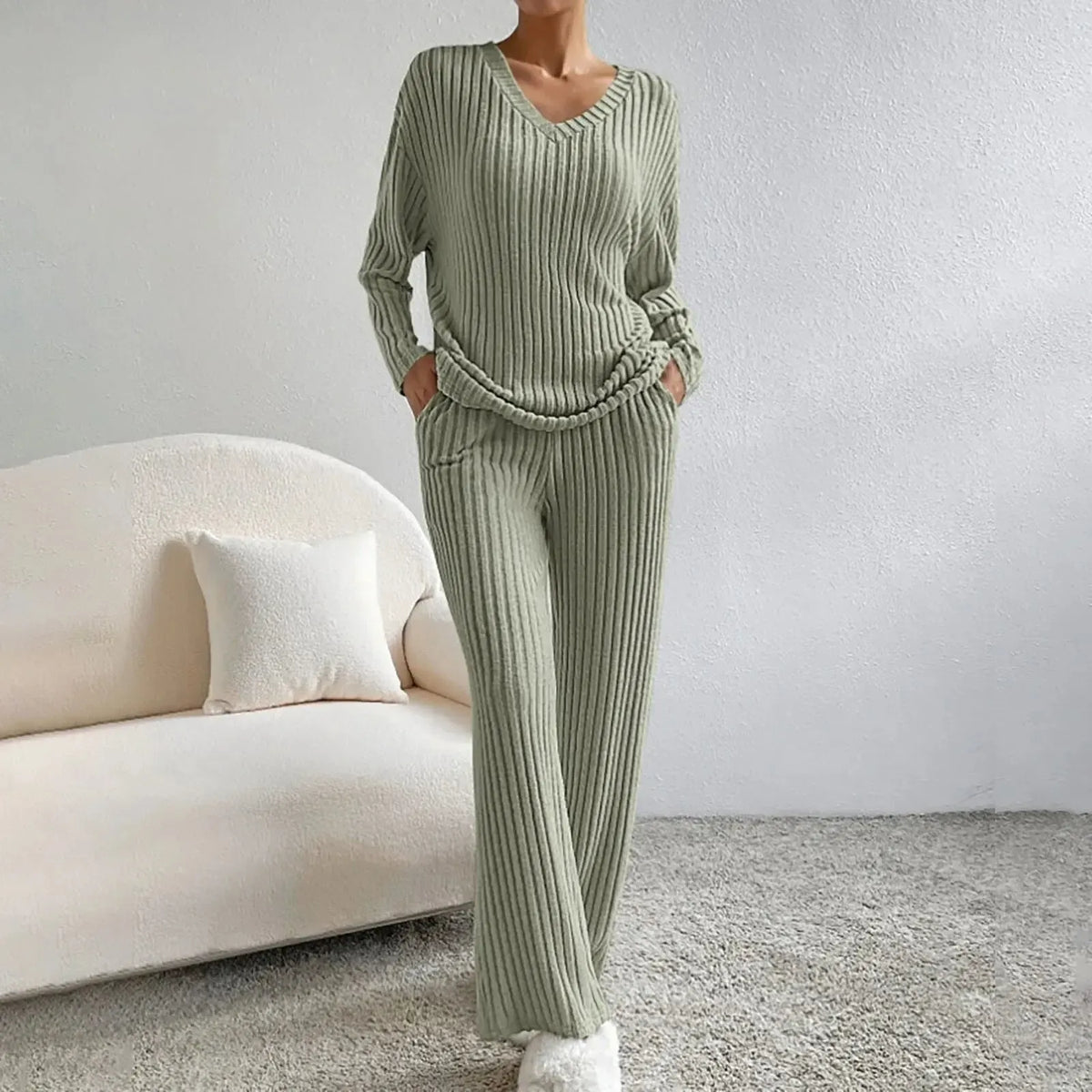 Lounara Gebreide Tweedelige Set Dames - Zachte Trui met Bijpassende Broek en Elastische Taille - Warme Loungewear Set voor Thuis in 7 Kleuren